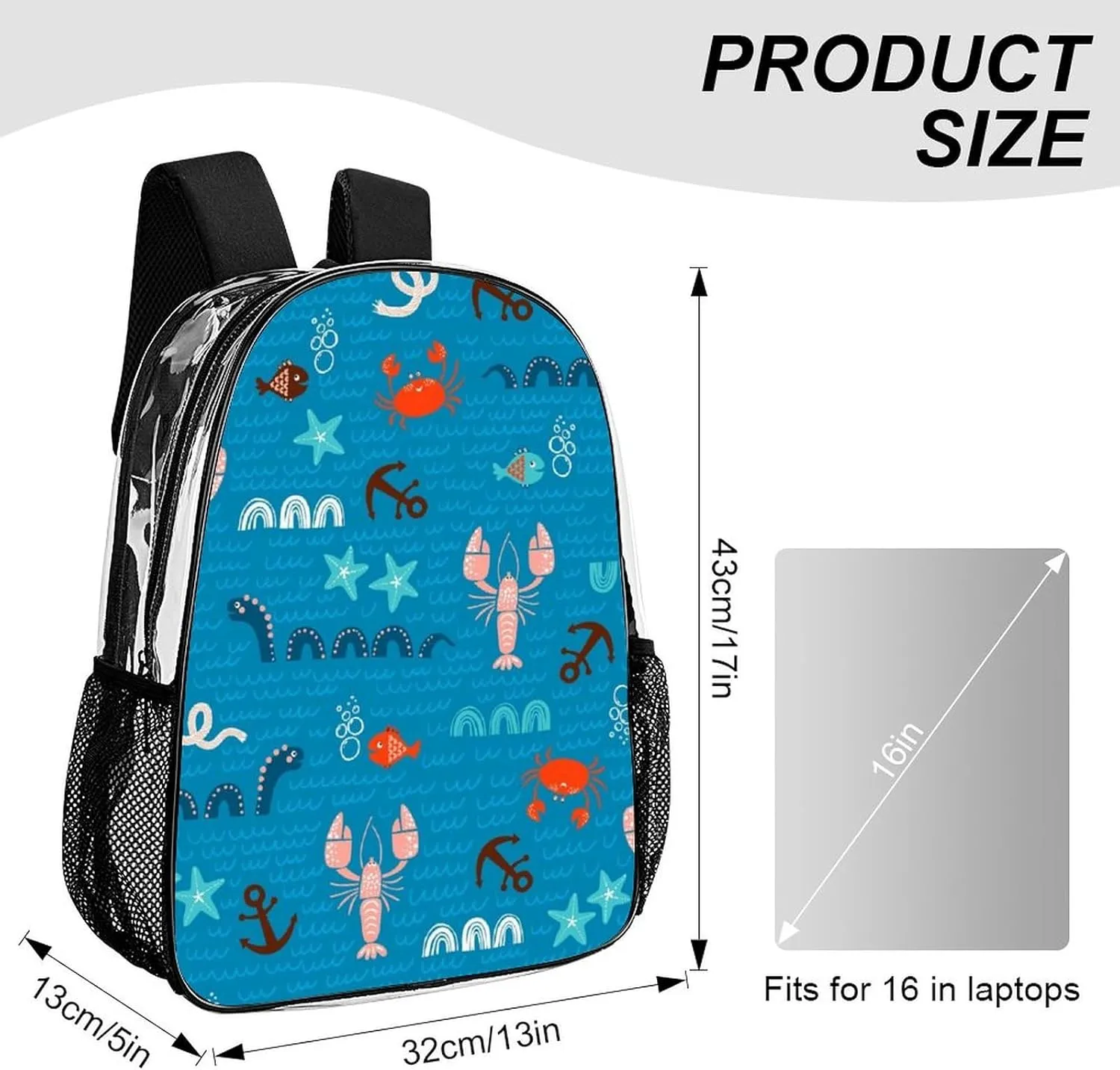 Clear Backpack Heavy Duty Summer Marine Crayfish 16 Inch for Stadium Events Concert Travel Work Sport Hiking Waterproof Sturdy Transparent Bag for Men Women