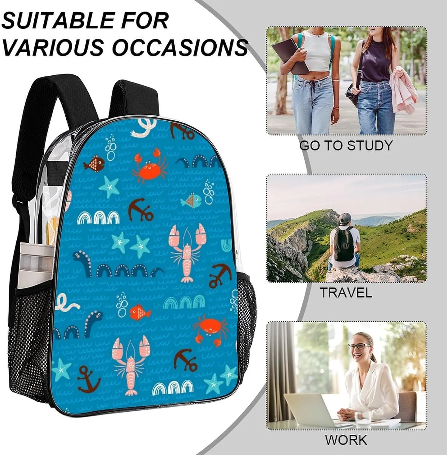Clear Backpack Heavy Duty Summer Marine Crayfish 16 Inch for Stadium Events Concert Travel Work Sport Hiking Waterproof Sturdy Transparent Bag for Men Women