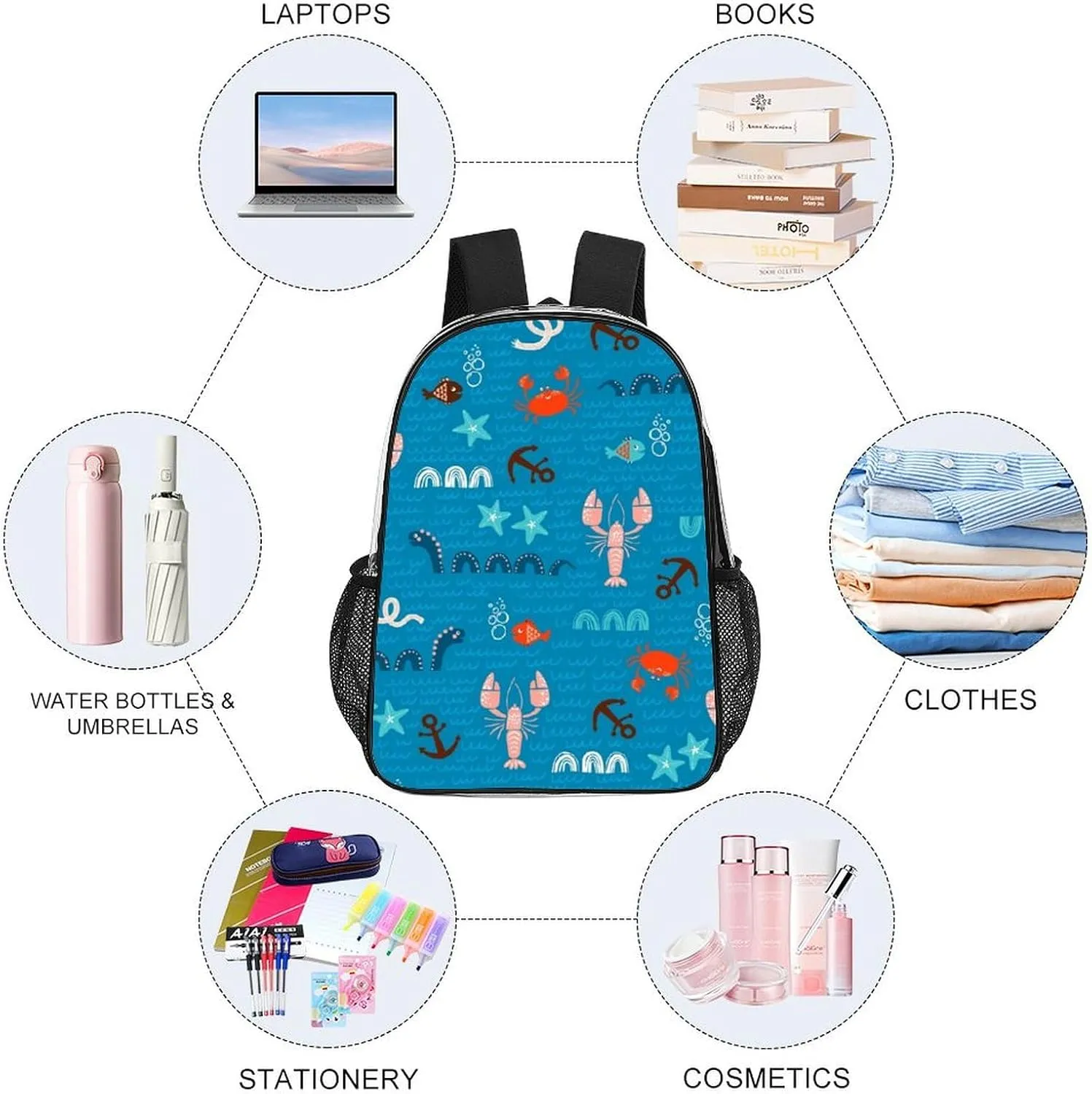 Clear Backpack Heavy Duty Summer Marine Crayfish 16 Inch for Stadium Events Concert Travel Work Sport Hiking Waterproof Sturdy Transparent Bag for Men Women