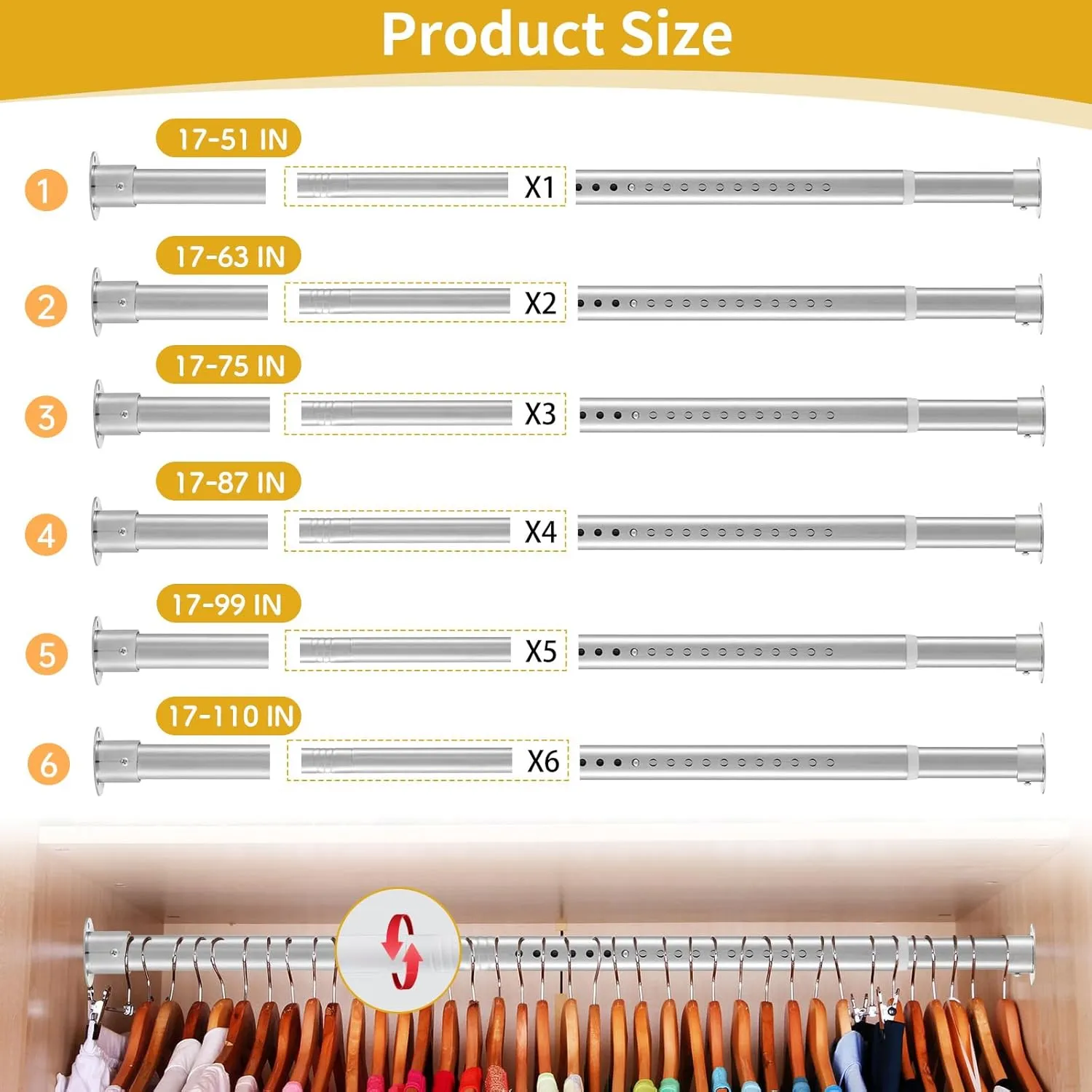 Closet Rod, 17 to 99 Inch Stainless Steel Adjustable Closet Rod,1.3 Inch Diameter Heavy Duty Closet Rods for Hanging Clothes,Silver Closet Poles for Wardrobes