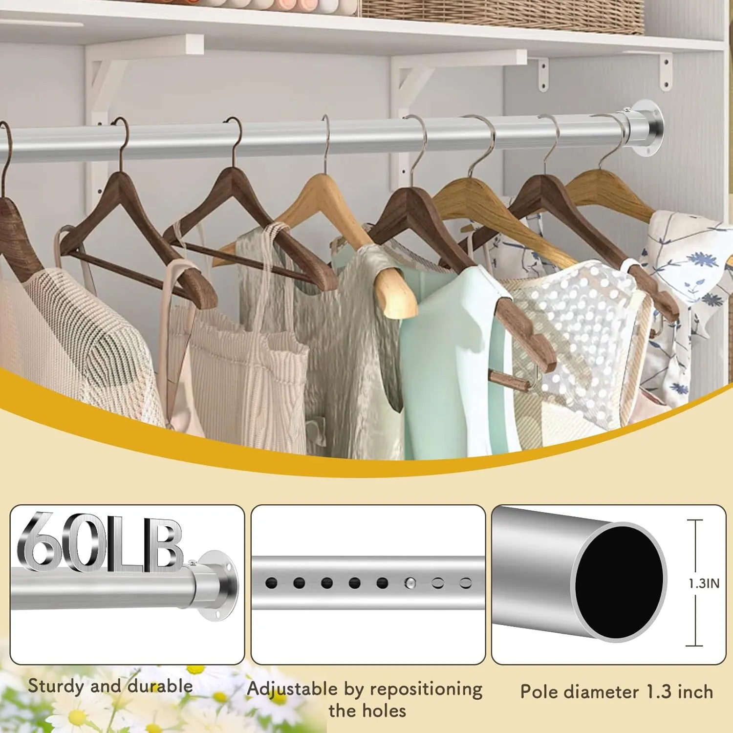 Closet Rod, 17 to 99 Inch Stainless Steel Adjustable Closet Rod,1.3 Inch Diameter Heavy Duty Closet Rods for Hanging Clothes,Silver Closet Poles for Wardrobes