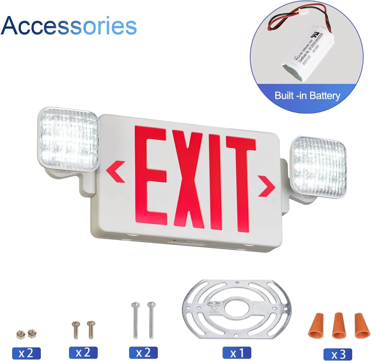 CM MZY Red Exit Sign With Emergency Light, Two Adjustable Square Head, Battery Backup, US Standards, UL Certified, Combo for Business, AC 120/277V, 1 Pack