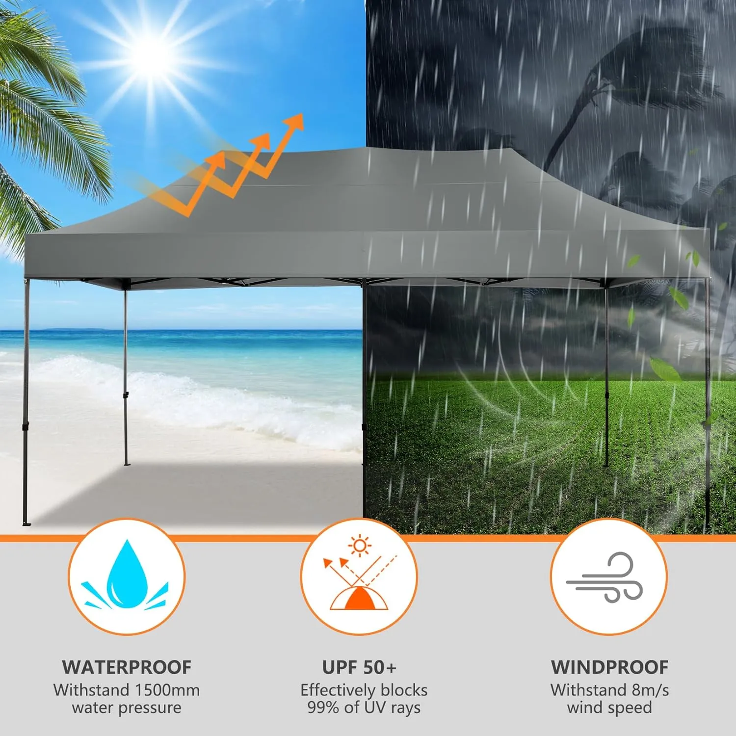 COBIZI 10x20 Pop up Canopy Tent Heavy Duty Without Sidewalls, Easy Set-up Commercial Outdoor Party Tent, 100% Waterproof Wedding Tent Gazebo, 3 Height Adjustable with Wheeled Bag, Gray