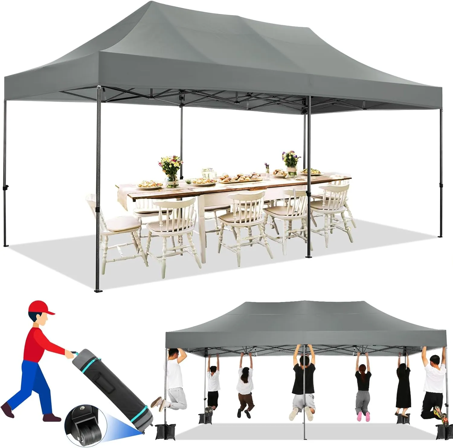 COBIZI 10x20 Pop up Canopy Tent Heavy Duty Without Sidewalls, Easy Set-up Commercial Outdoor Party Tent, 100% Waterproof Wedding Tent Gazebo, 3 Height Adjustable with Wheeled Bag, Gray
