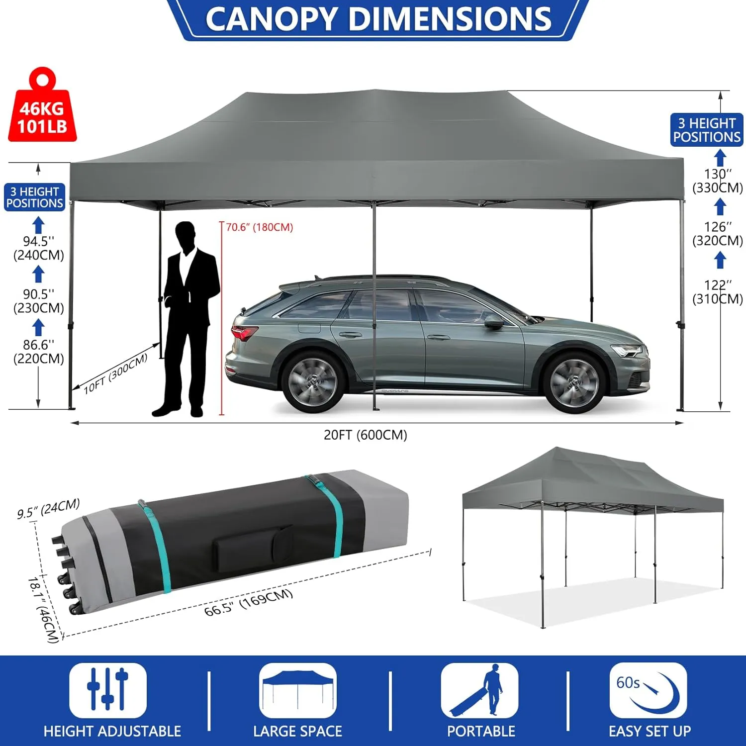 COBIZI 10x20 Pop up Canopy Tent Heavy Duty Without Sidewalls, Easy Set-up Commercial Outdoor Party Tent, 100% Waterproof Wedding Tent Gazebo, 3 Height Adjustable with Wheeled Bag, Gray