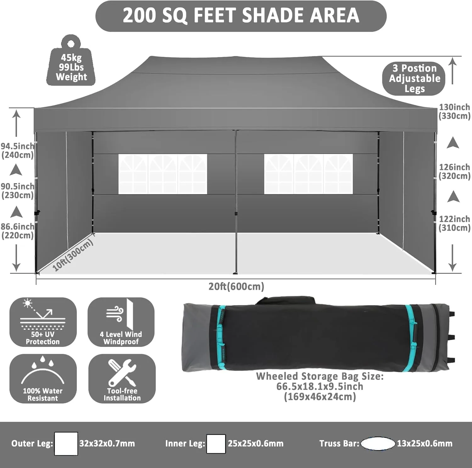 COBIZI 10x20 Pop Up Canopy with 6 Sidewall,Heavy Duty Canopy UPF 50  All Season Wind Waterproof Commercial Outdoor Wedding Party Tents for Parties Canopy Gazebo with Roller Bag(10 x 20 ft Gray)