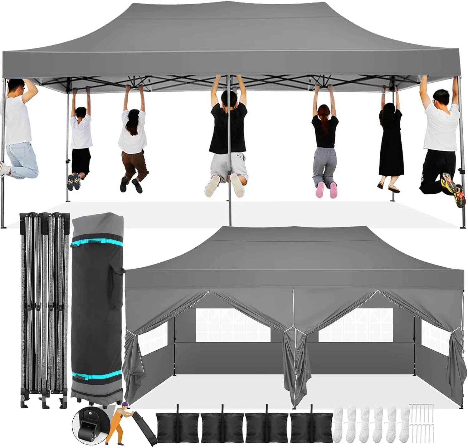 COBIZI 10x20 Pop Up Canopy with 6 Sidewall,Heavy Duty Canopy UPF 50  All Season Wind Waterproof Commercial Outdoor Wedding Party Tents for Parties Canopy Gazebo with Roller Bag(10 x 20 ft Gray)