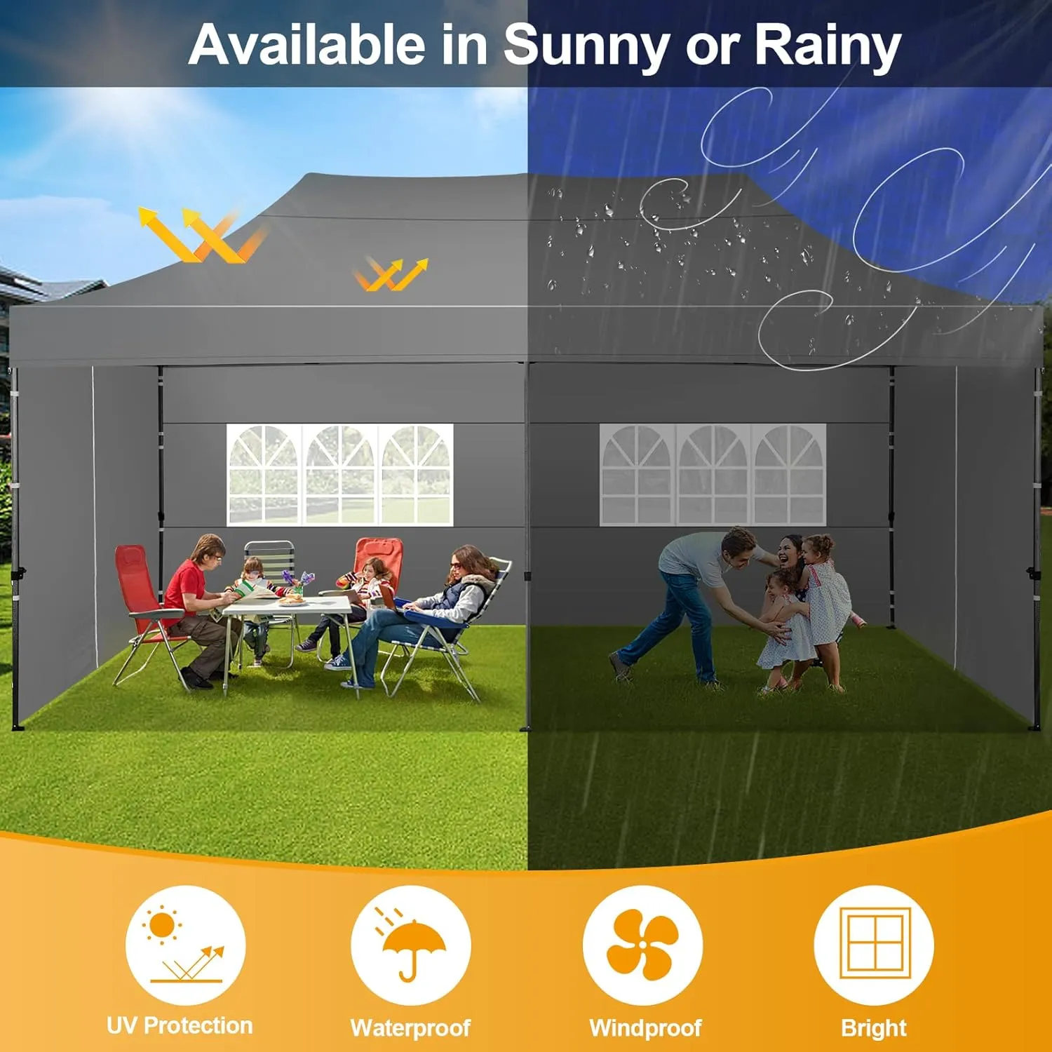 COBIZI 10x20 Pop Up Canopy with 6 Sidewall,Heavy Duty Canopy UPF 50  All Season Wind Waterproof Commercial Outdoor Wedding Party Tents for Parties Canopy Gazebo with Roller Bag(10 x 20 ft Gray)