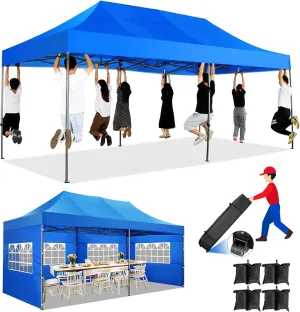 COBIZI Pop up Canopy Tent 10x20 Heavy Duty Gazebo with 6 Sidewalls, UPF 50  All Weather Waterproof Commercial Outdoor Wedding Party Tents Canopy with Roller Bag, Blue