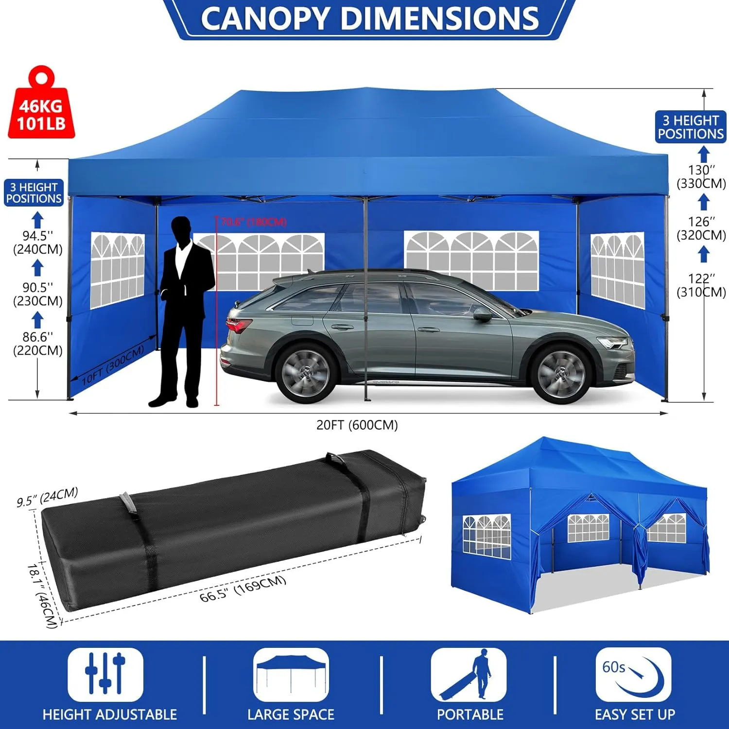 COBIZI Pop up Canopy Tent 10x20 Heavy Duty Gazebo with 6 Sidewalls, UPF 50  All Weather Waterproof Commercial Outdoor Wedding Party Tents Canopy with Roller Bag, Blue