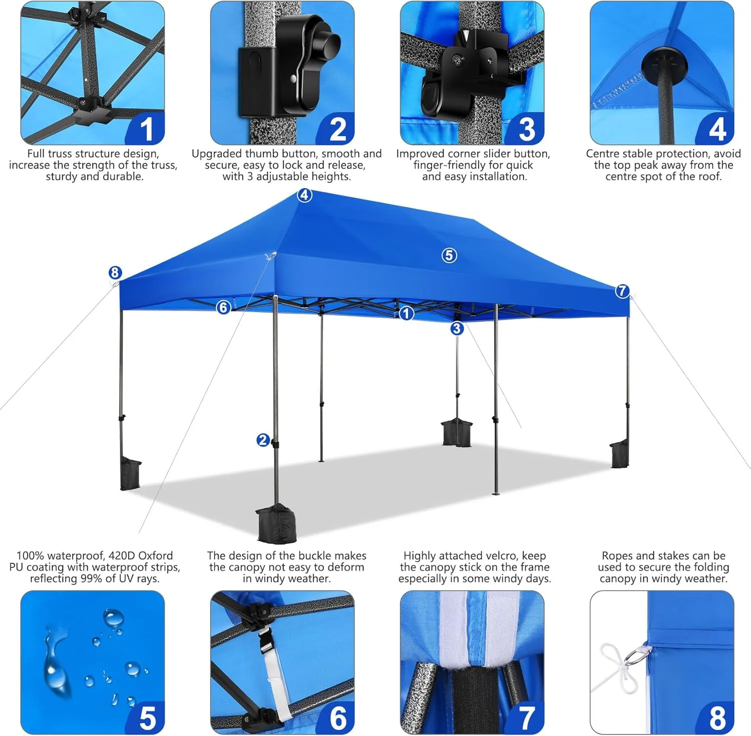 COBIZI Pop up Canopy Tent 10x20 Heavy Duty Gazebo with 6 Sidewalls, UPF 50  All Weather Waterproof Commercial Outdoor Wedding Party Tents Canopy with Roller Bag, Blue
