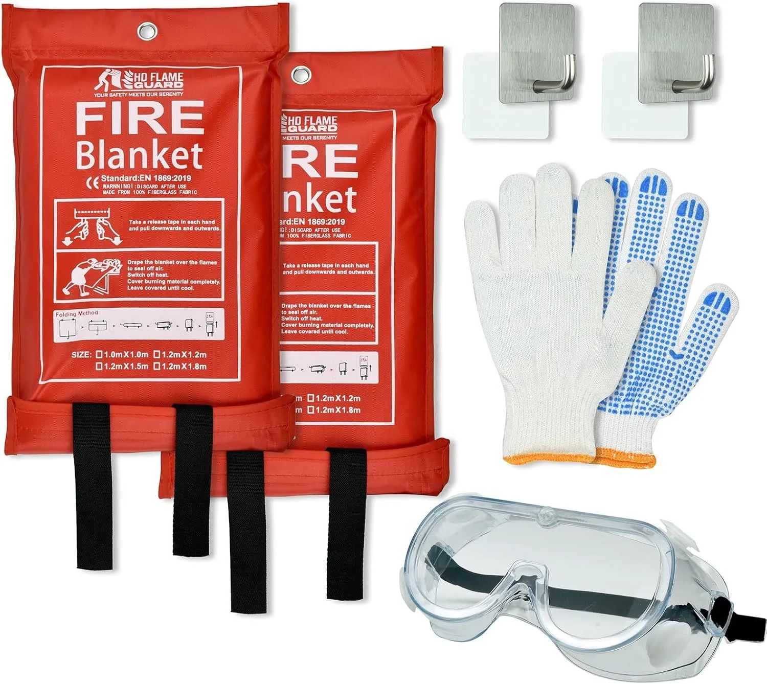 Comprehensive Fire Safety Kit | 2 Fire RED Blankets, Goggles, Hooks, Gloves | 40x40 INCH Size | Convenient Alternative to Bulky Extinguishers | Ensure Safety Effortlessly