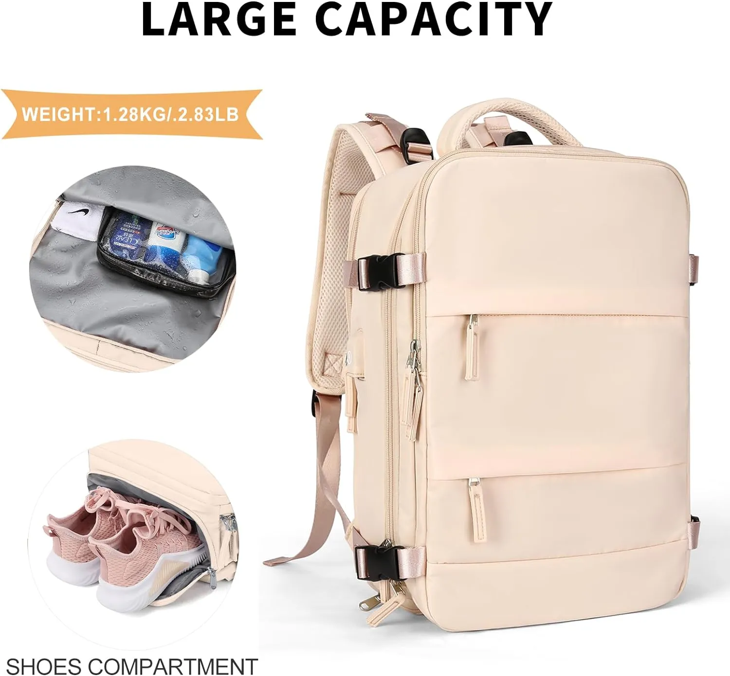 coowoz Large Casual Travel Backpack For Women Men,Carry On Rucksack Flight Approved,Hiking Waterproof Outdoor Sports Daypack Fit 15.6 Inch Laptop Shoes Compartment (Beige)