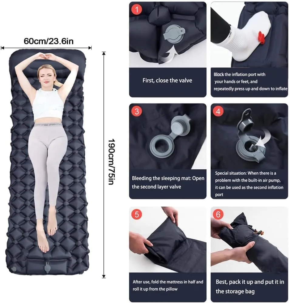 Coziya Matelas, Inflatable Sleeping Pad with Built-in Pillow, 5cm Ultralight Inflatable Camping Mattress, Splicable, Waterproof, Anti-Slip, Suitable for Outdoor Mountaineering (Army Green,Single)