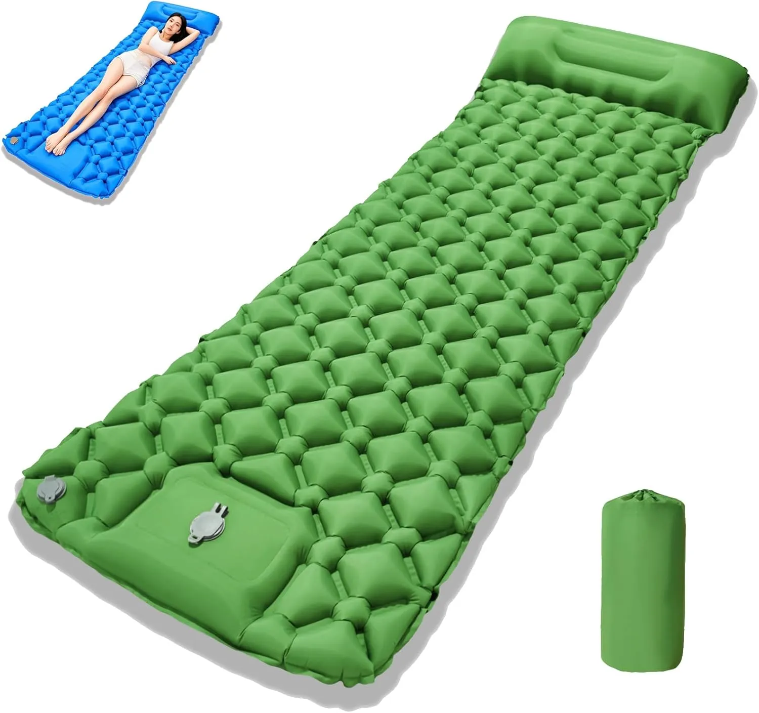 Coziya Matelas, Inflatable Sleeping Pad with Built-in Pillow, 5cm Ultralight Inflatable Camping Mattress, Splicable, Waterproof, Anti-Slip, Suitable for Outdoor Mountaineering (Army Green,Single)