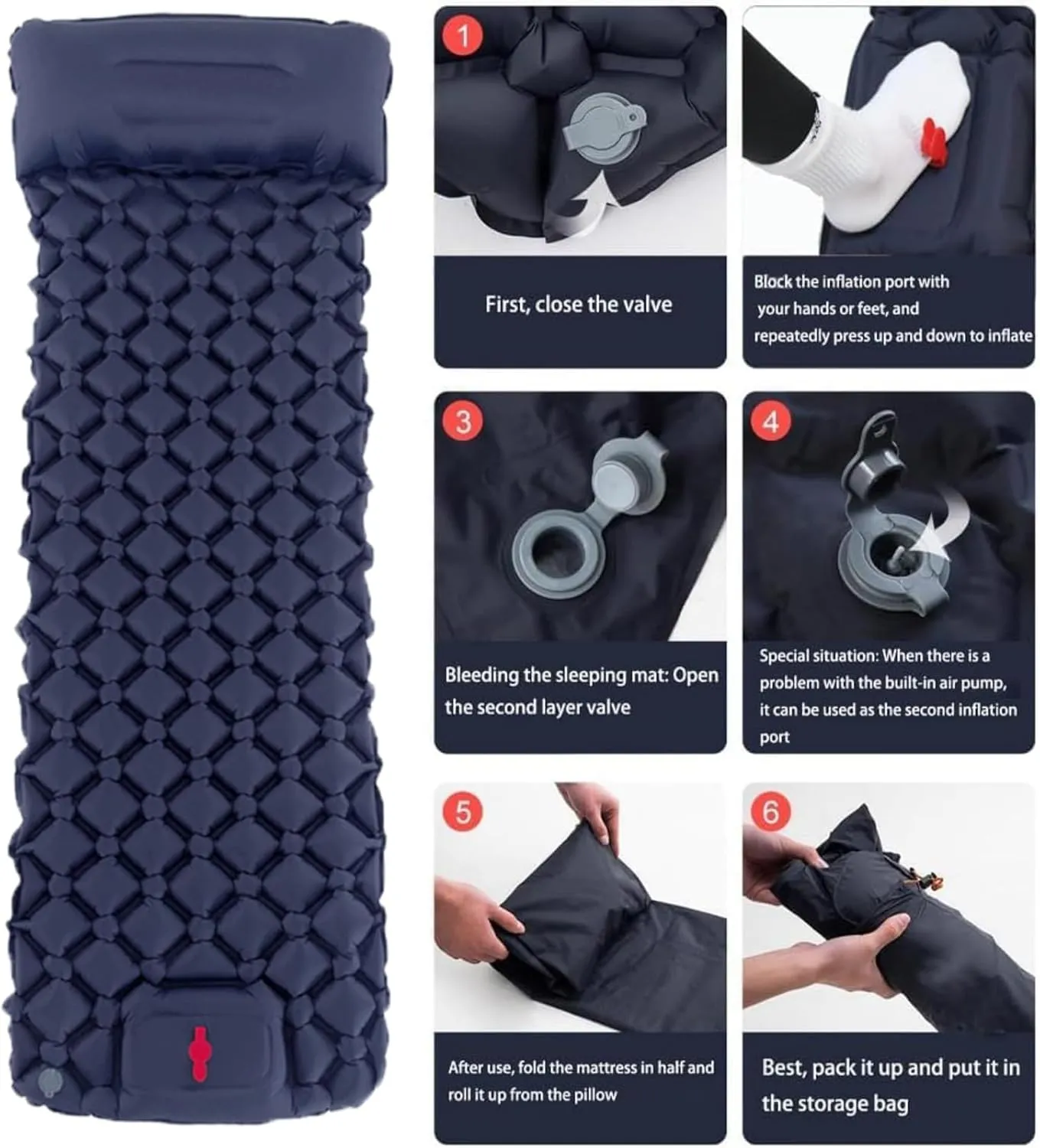 Coziya Matelas, Portable Waterproof Sleeping Pad, Ultralight Inflatable Camping Mattress, Built-in Pillow and Anti-Slip Design, for Camping, Travel, Home, Office (Navy Blue)