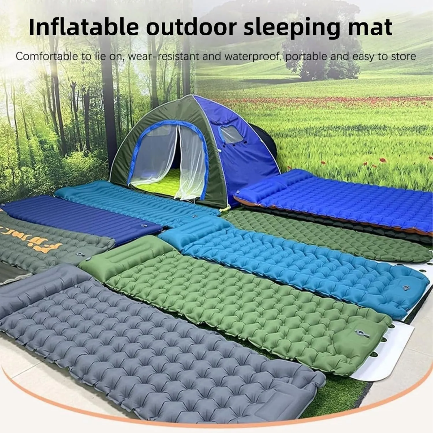 Coziya Matelas, Portable Waterproof Sleeping Pad, Ultralight Inflatable Camping Mattress, Built-in Pillow and Anti-Slip Design, for Camping, Travel, Home, Office (Navy Blue)