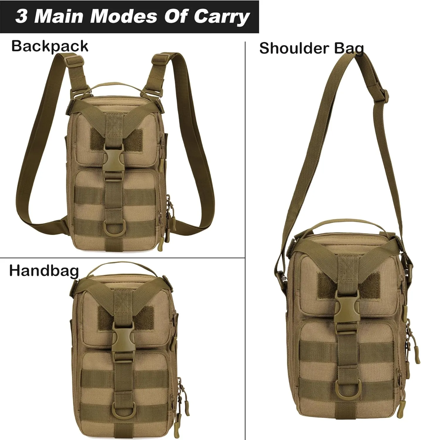 CREATOR 3 In 1 Small Military Tactical Backpack Tactical Messenger Bag Army Crossbody Shoulder Bag for Men (Brown)