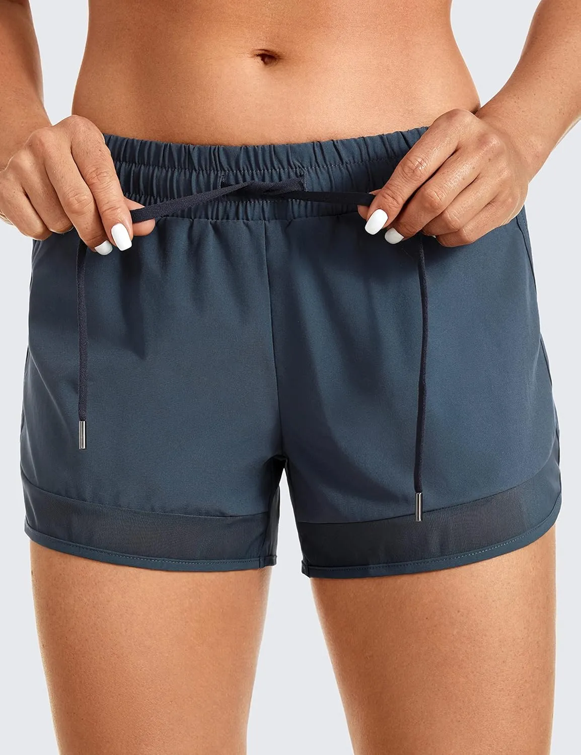 CRZ YOGA Women's Mid Rise Running Shorts Mesh Liner 3'' - Quick Dry Drawstring Workout Athletic Gym Shorts Zip Pocket