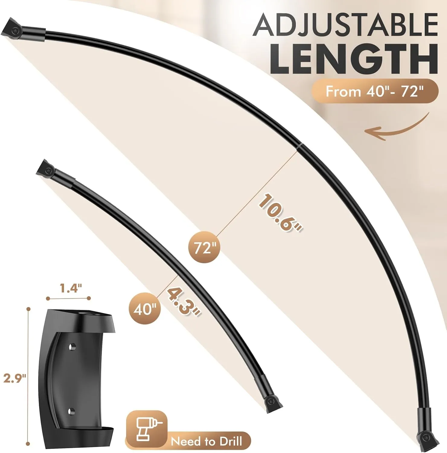 Curved Shower Curtain Rod 43-72 Inches Adjustable, Aluminum Shower Rod Rustproof, Round shower curtain rod, Curved Shower Rods for Bathroom, Bathtub, Stall, Black