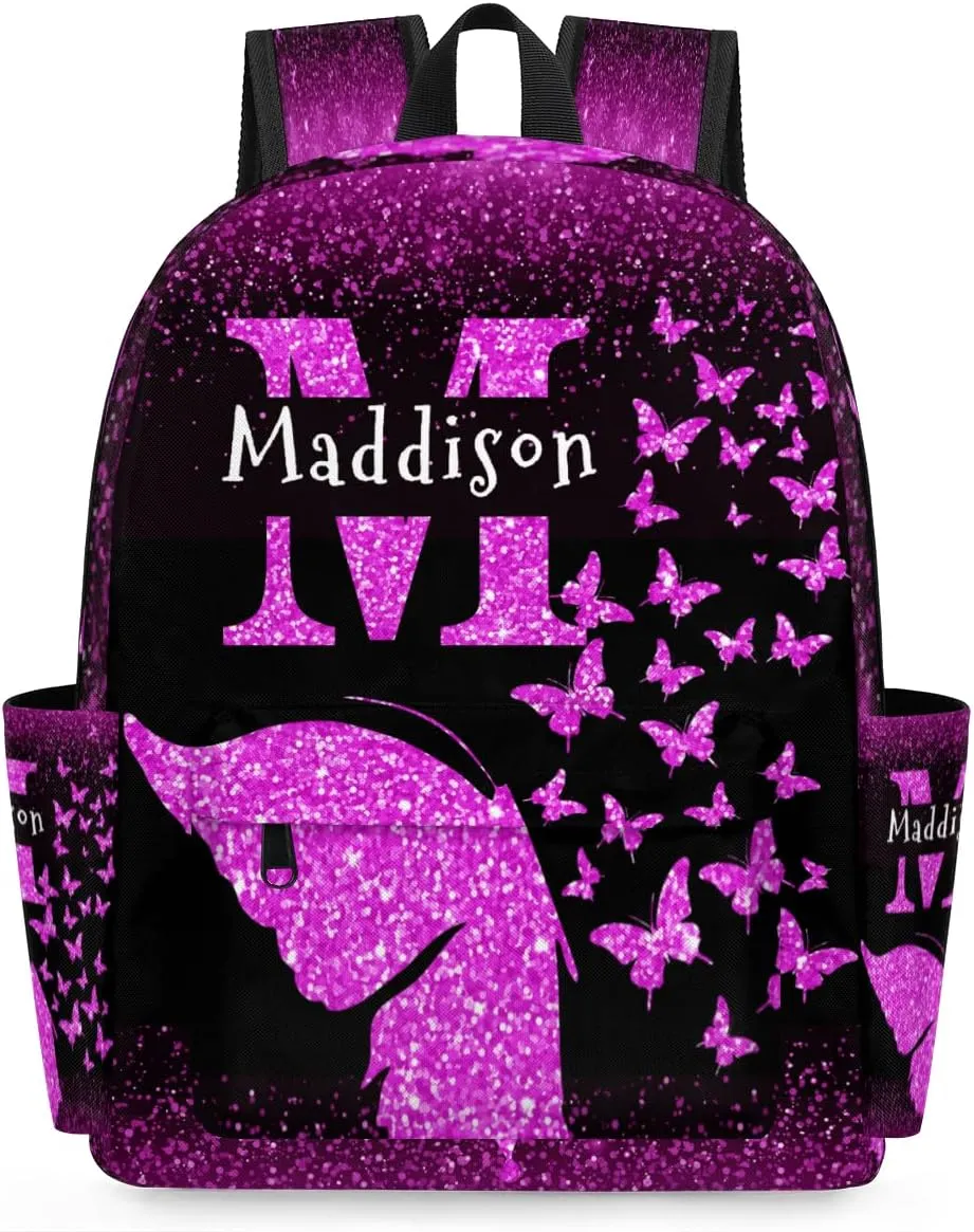 Custom Backpack, Personalized Shoulder Bags with Name Initial Letter Casual Traveling Bag 15in, Dark Magenta Sparkly Glitters Butterflies