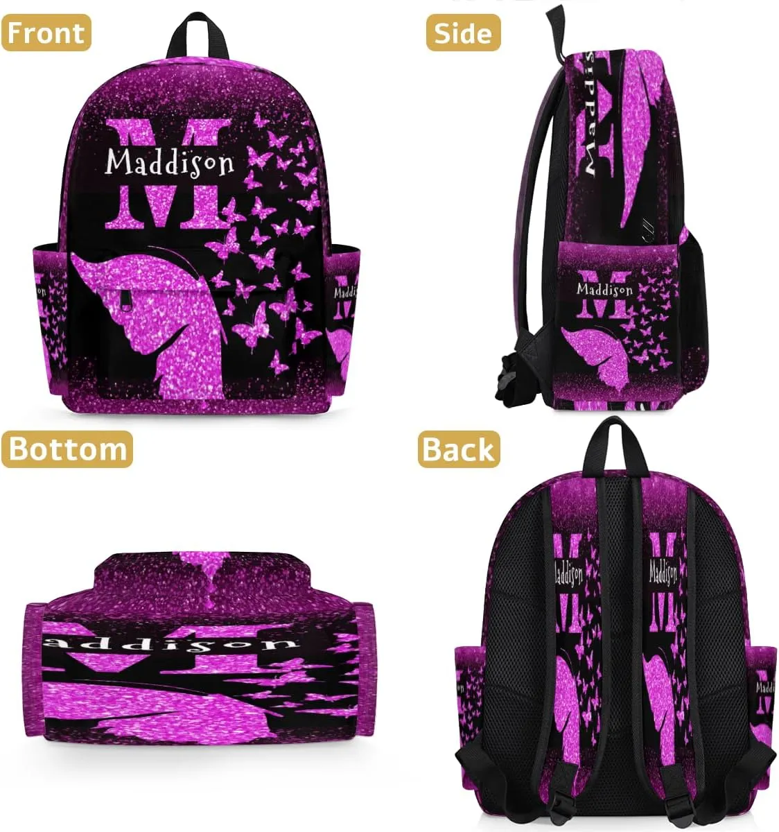Custom Backpack, Personalized Shoulder Bags with Name Initial Letter Casual Traveling Bag 15in, Dark Magenta Sparkly Glitters Butterflies
