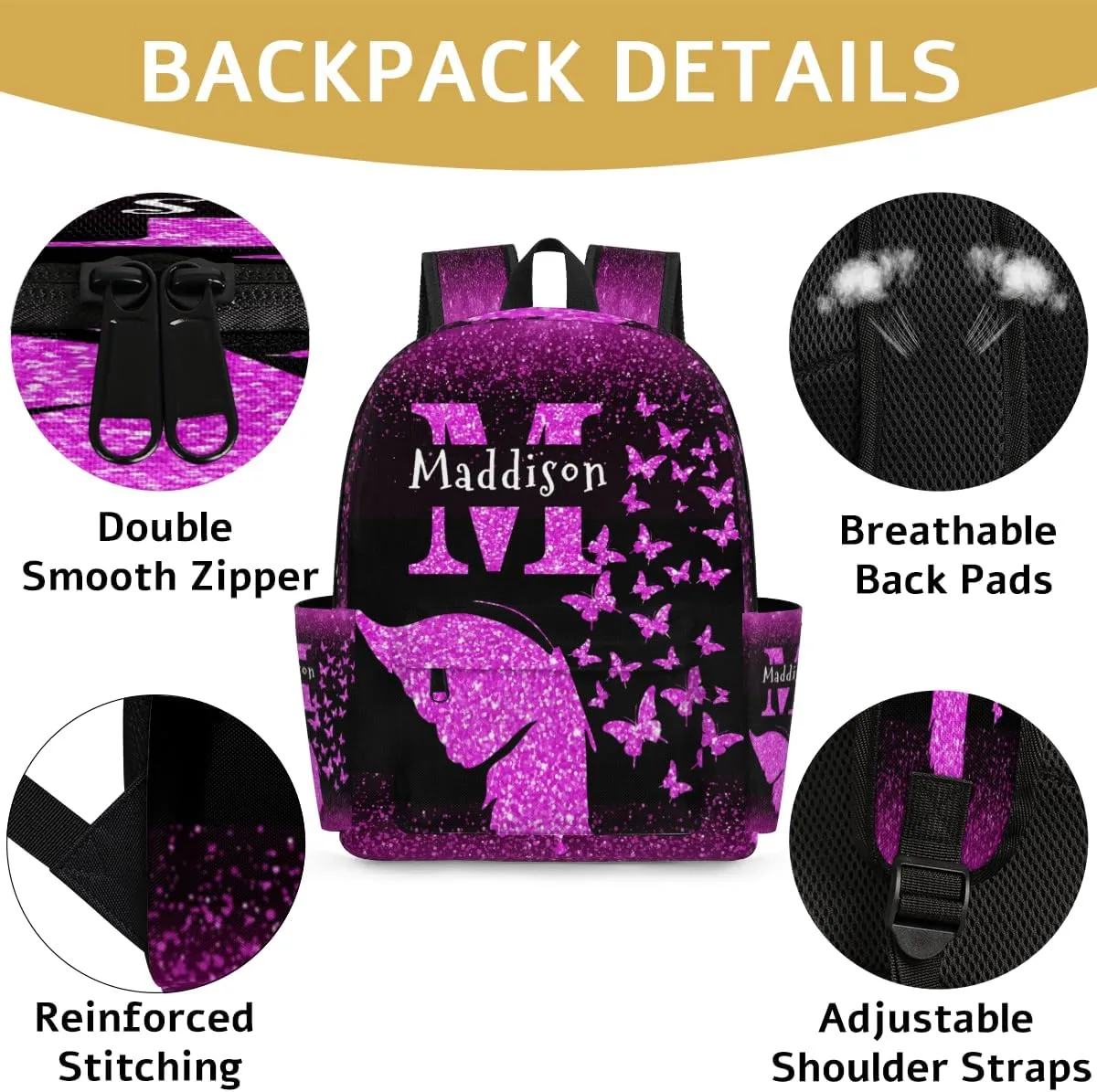 Custom Backpack, Personalized Shoulder Bags with Name Initial Letter Casual Traveling Bag 15in, Dark Magenta Sparkly Glitters Butterflies