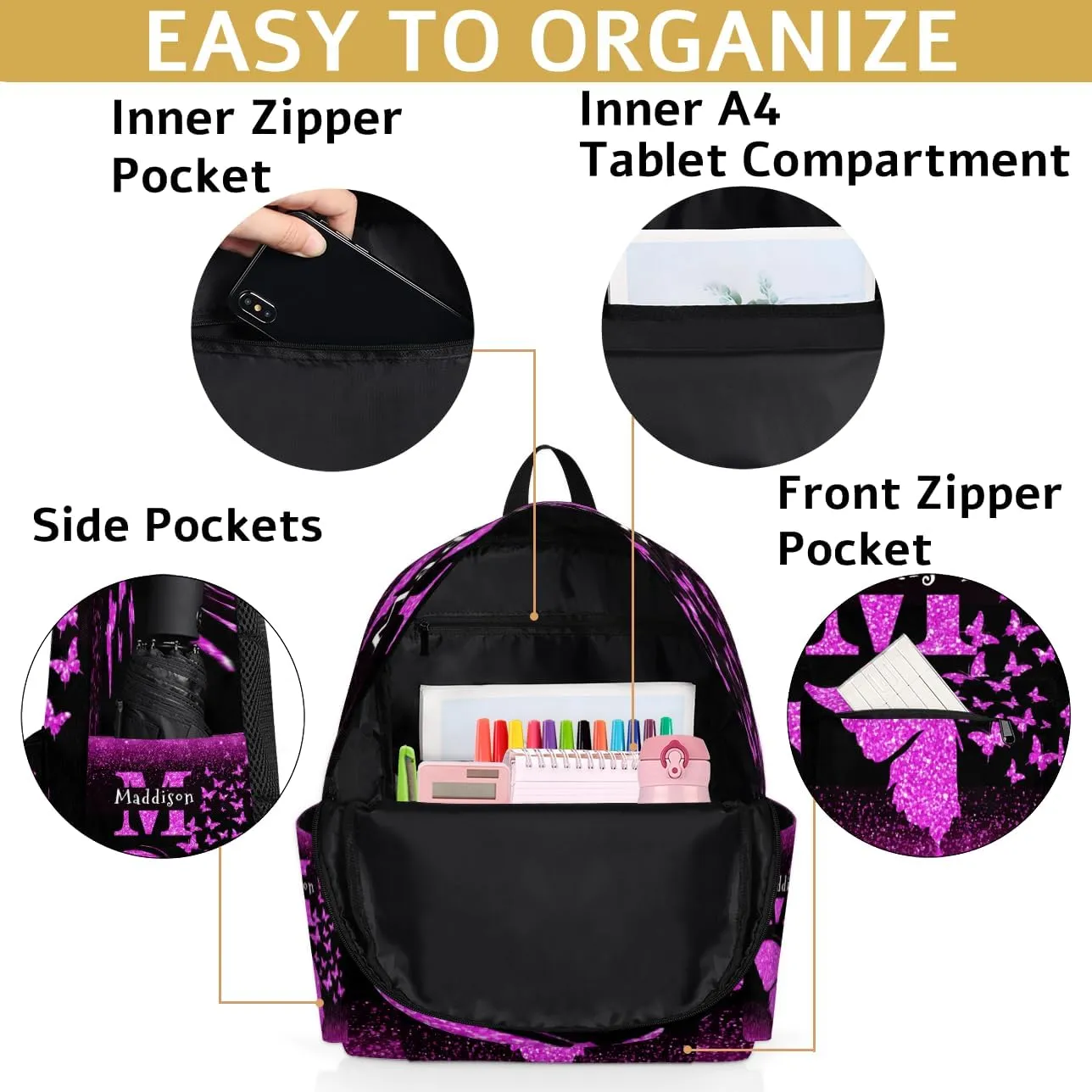Custom Backpack, Personalized Shoulder Bags with Name Initial Letter Casual Traveling Bag 15in, Dark Magenta Sparkly Glitters Butterflies