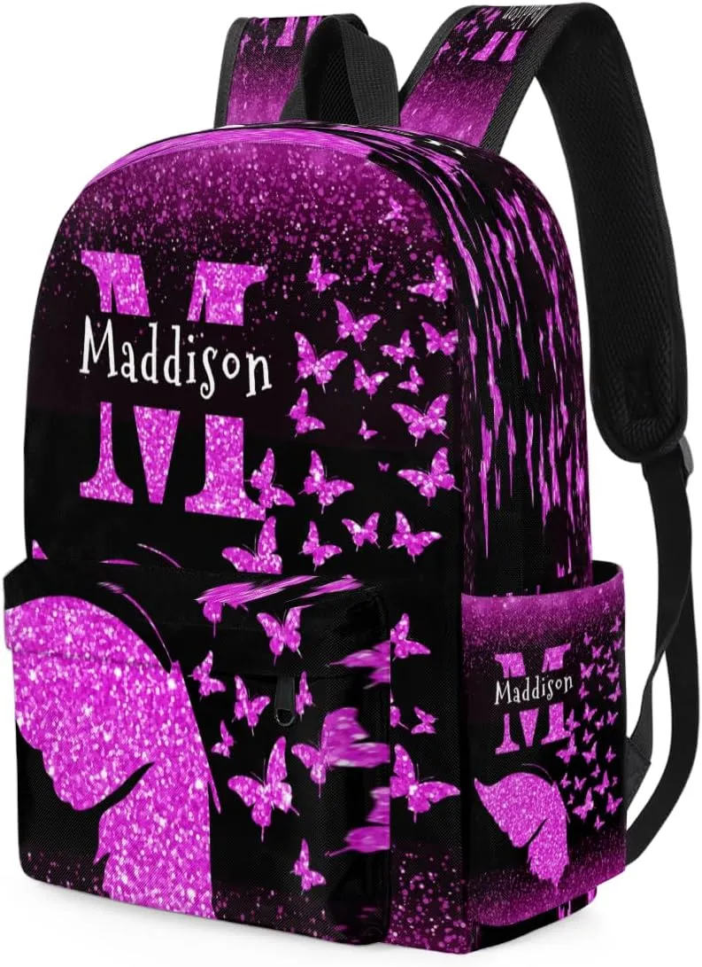 Custom Backpack, Personalized Shoulder Bags with Name Initial Letter Casual Traveling Bag 15in, Dark Magenta Sparkly Glitters Butterflies