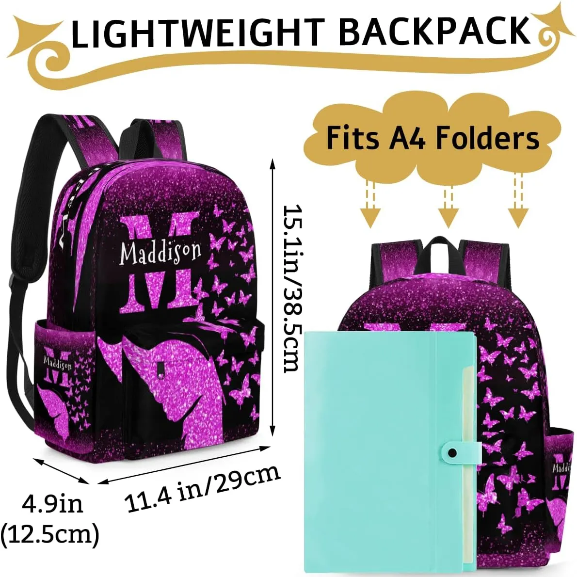 Custom Backpack, Personalized Shoulder Bags with Name Initial Letter Casual Traveling Bag 15in, Dark Magenta Sparkly Glitters Butterflies