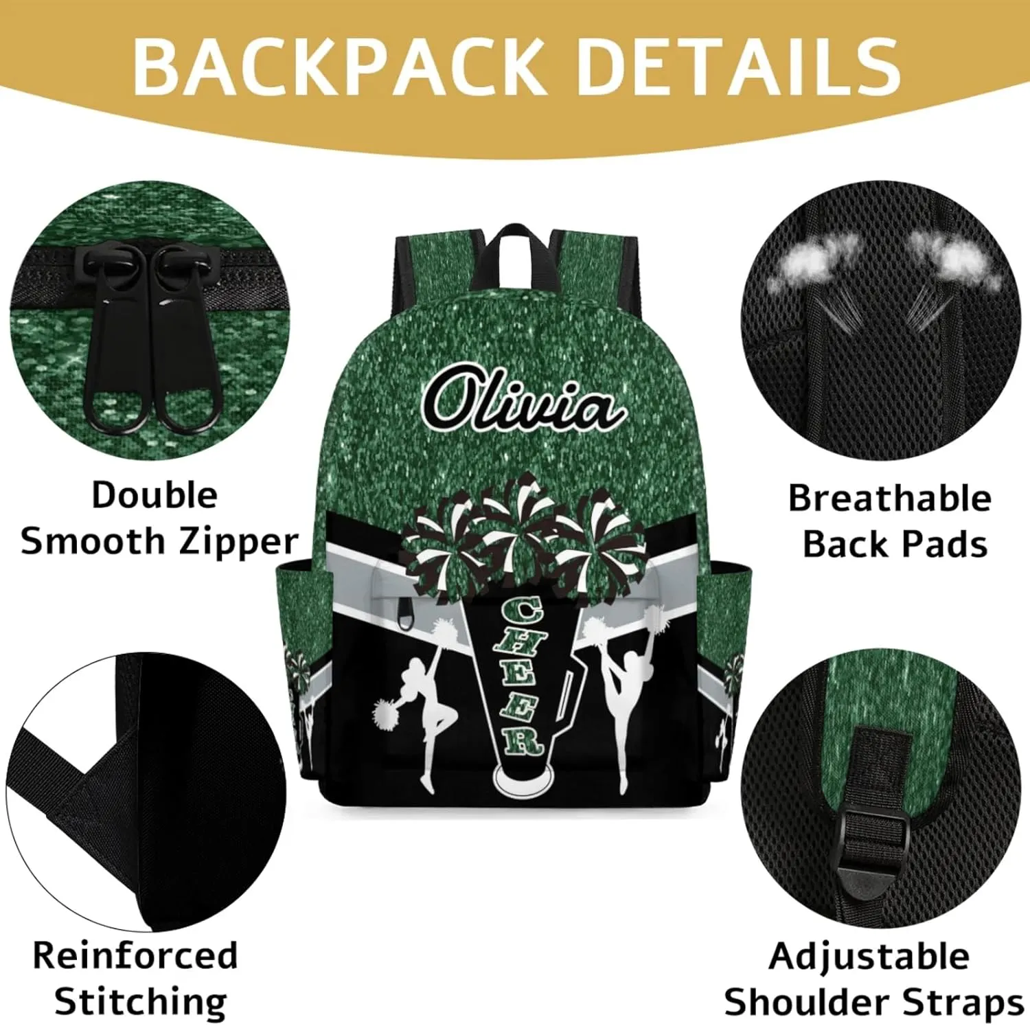 Custom Cheer Backpack for Women Cheerleaders, Personalized Waterproof Casual Daypack Bag with Name for Camping Hiking, Dark Green Glitter Shoulder Bag