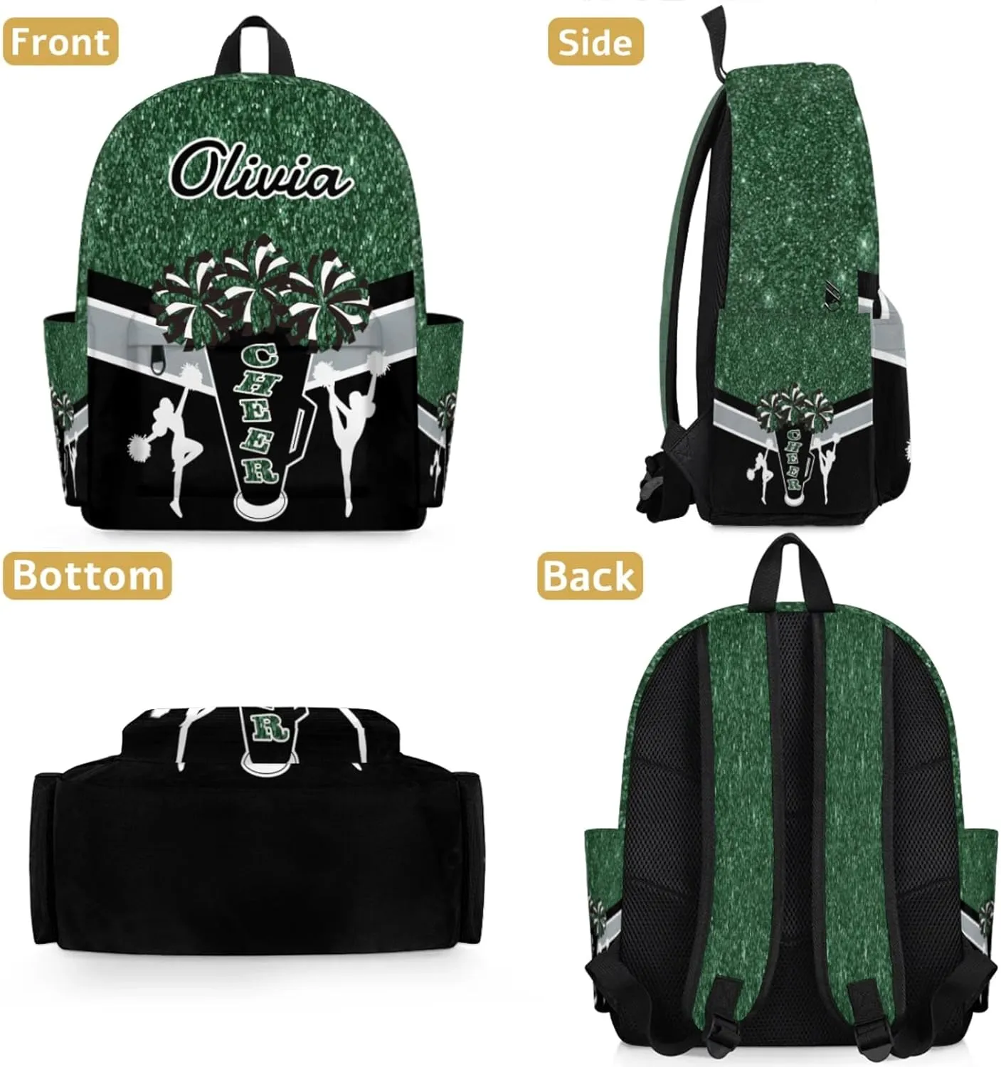 Custom Cheer Backpack for Women Cheerleaders, Personalized Waterproof Casual Daypack Bag with Name for Camping Hiking, Dark Green Glitter Shoulder Bag