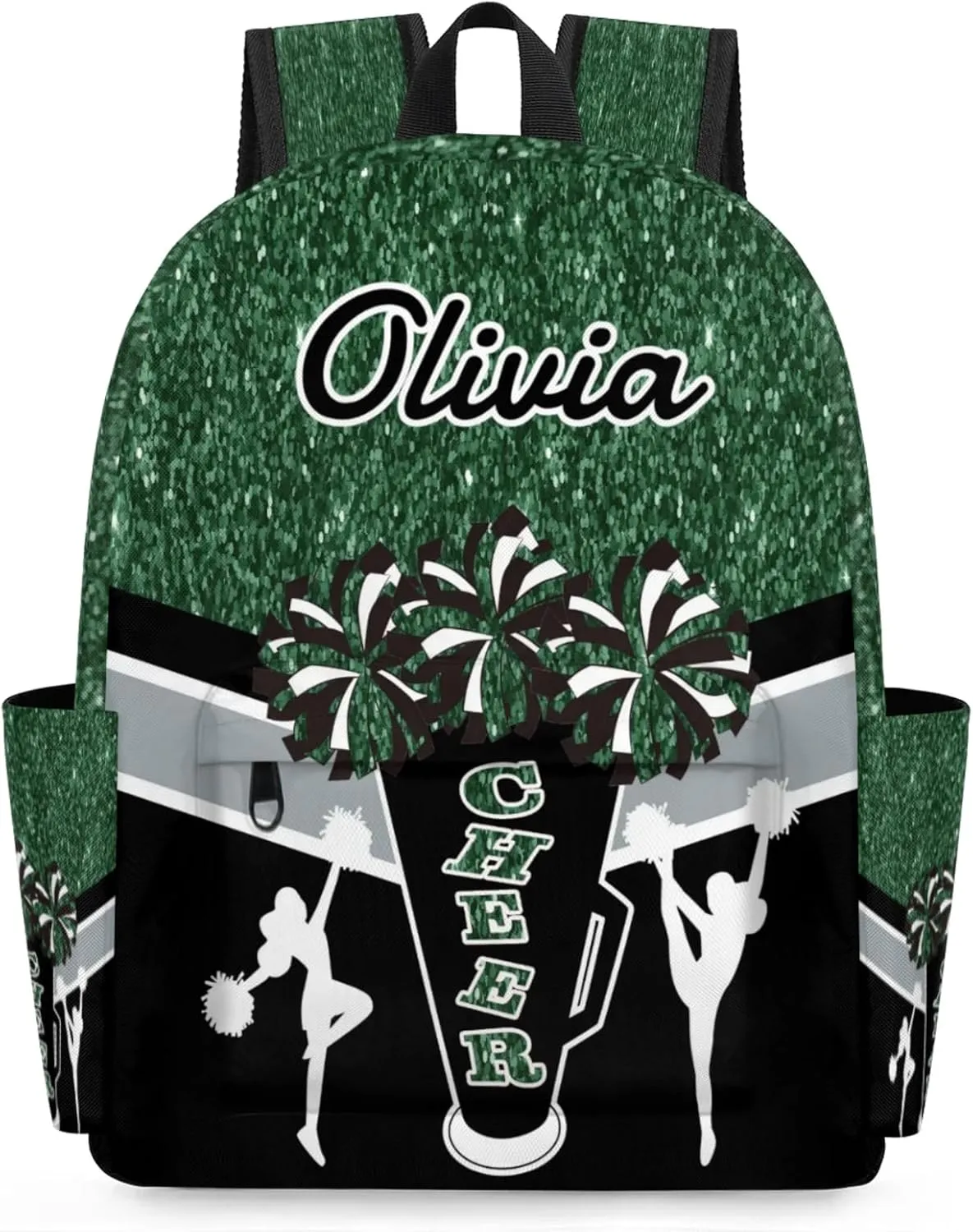 Custom Cheer Backpack for Women Cheerleaders, Personalized Waterproof Casual Daypack Bag with Name for Camping Hiking, Dark Green Glitter Shoulder Bag
