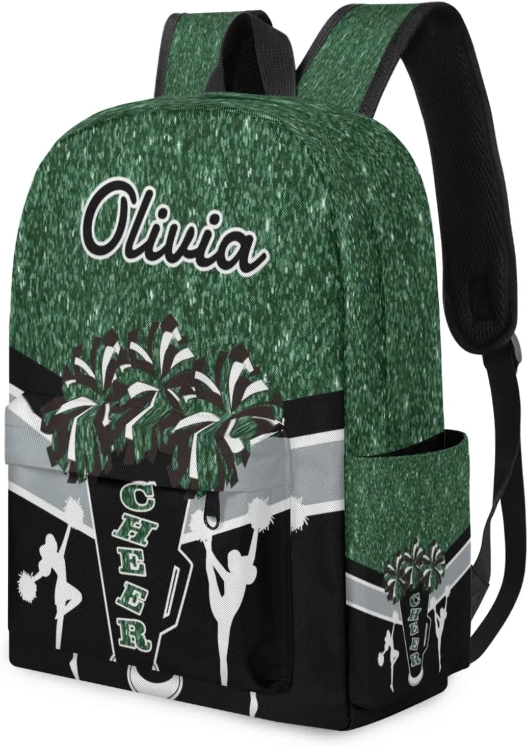 Custom Cheer Backpack for Women Cheerleaders, Personalized Waterproof Casual Daypack Bag with Name for Camping Hiking, Dark Green Glitter Shoulder Bag