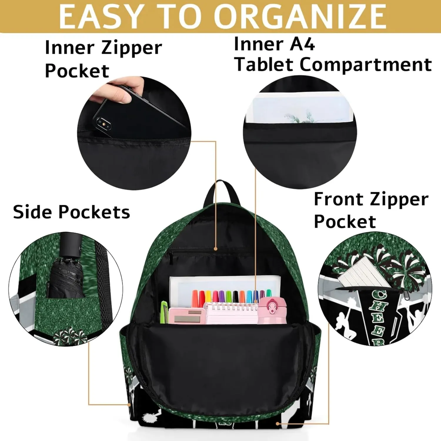 Custom Cheer Backpack for Women Cheerleaders, Personalized Waterproof Casual Daypack Bag with Name for Camping Hiking, Dark Green Glitter Shoulder Bag