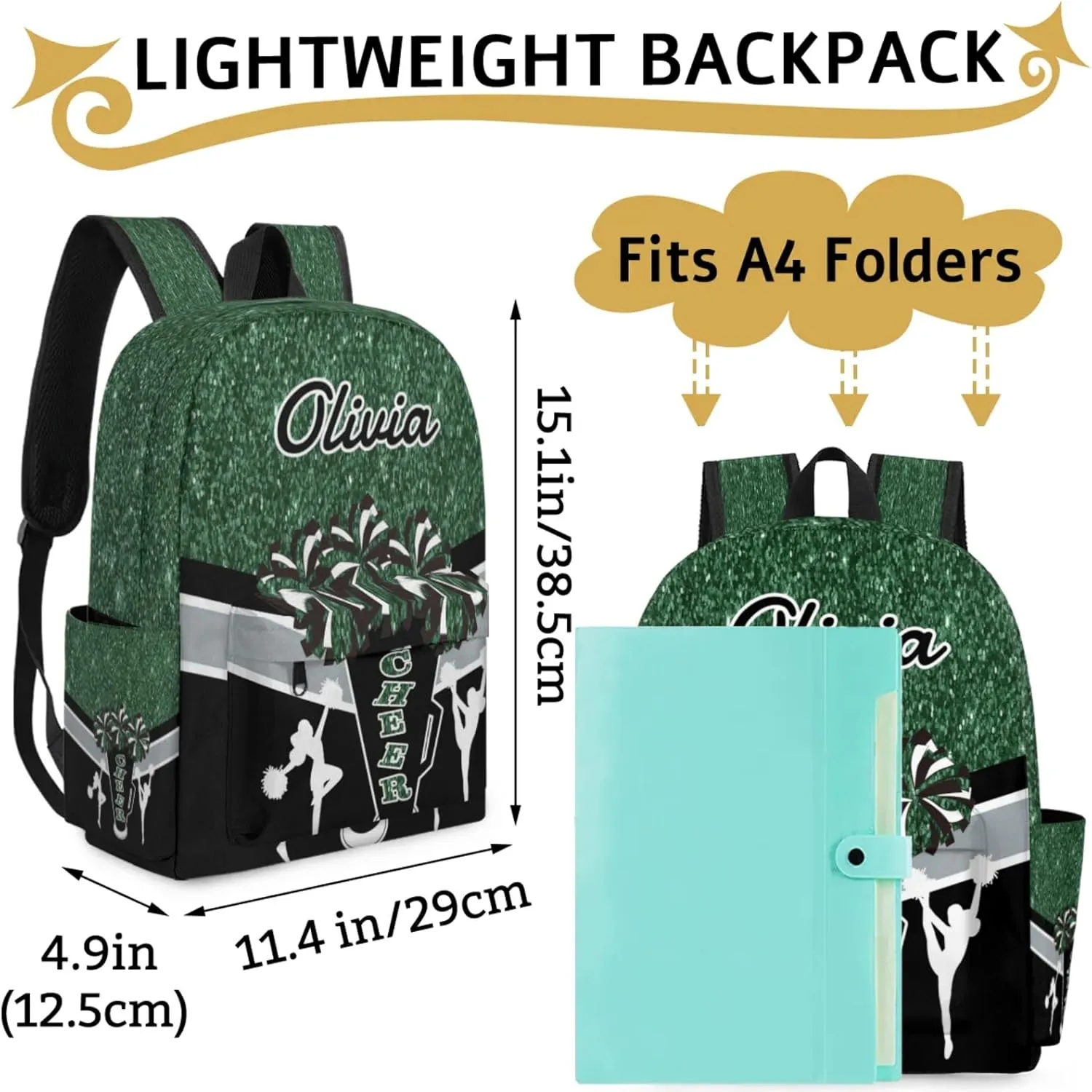 Custom Cheer Backpack for Women Cheerleaders, Personalized Waterproof Casual Daypack Bag with Name for Camping Hiking, Dark Green Glitter Shoulder Bag