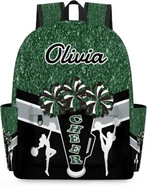 Custom Cheer Backpack for Women Cheerleaders, Personalized Waterproof Casual Daypack Bag with Name for Camping Hiking, Dark Green Glitter Shoulder Bag