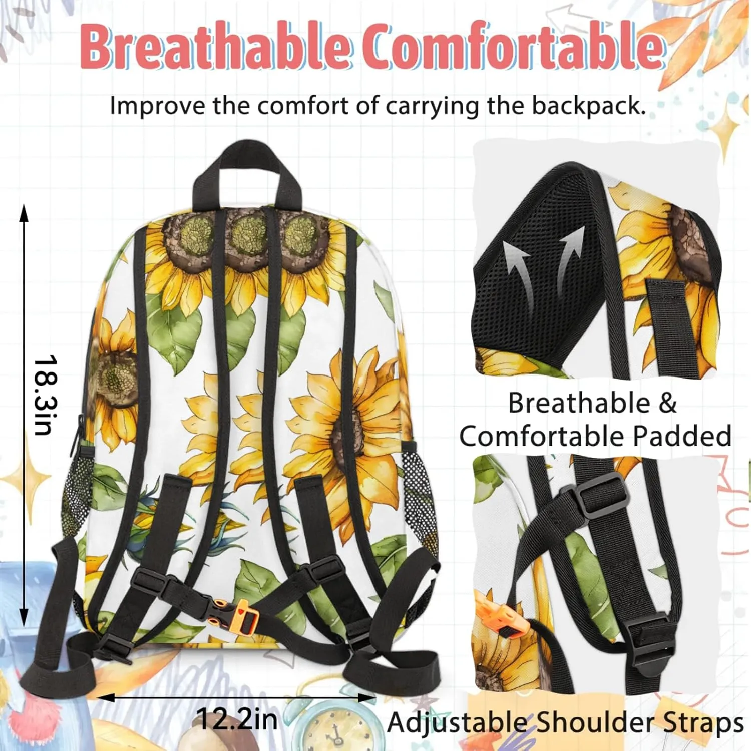Custom Farmhouse Sunflower Backpack and Lunch Box Set Personalized Backpack with Name, Customized Summer Floral Lightweight Waterproof Travel Casual Daypacks