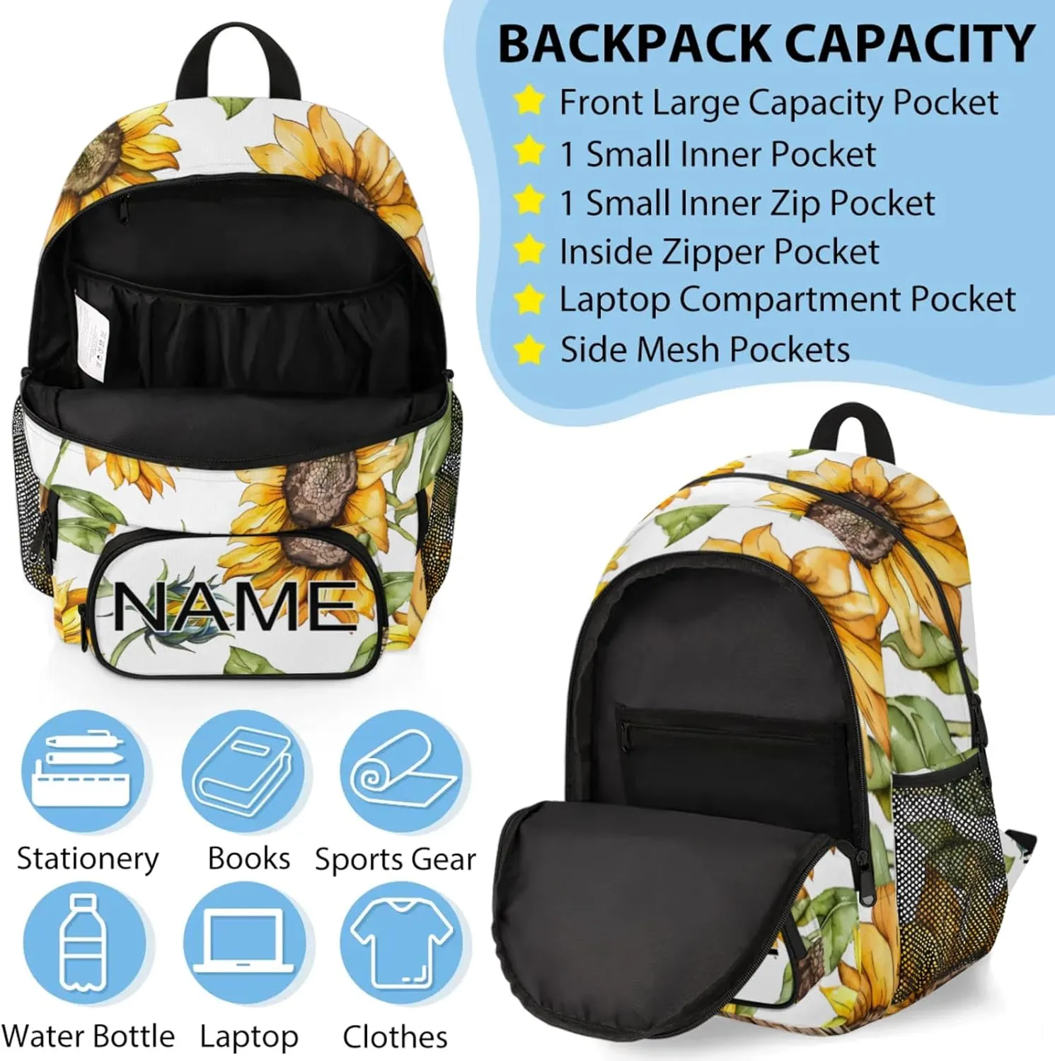 Custom Farmhouse Sunflower Backpack and Lunch Box Set Personalized Backpack with Name, Customized Summer Floral Lightweight Waterproof Travel Casual Daypacks