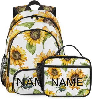 Custom Farmhouse Sunflower Backpack and Lunch Box Set Personalized Backpack with Name, Customized Summer Floral Lightweight Waterproof Travel Casual Daypacks