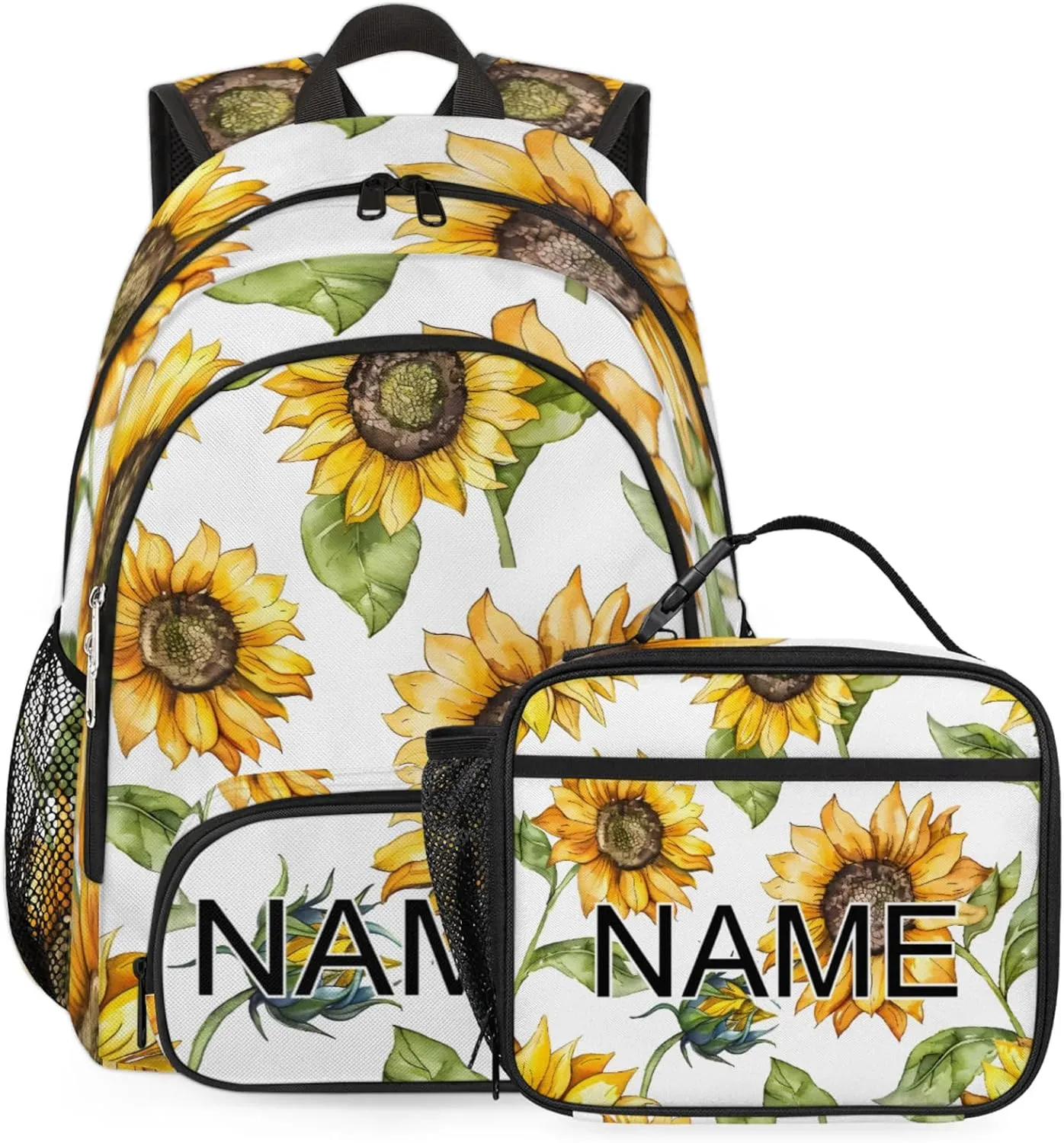 Custom Farmhouse Sunflower Backpack and Lunch Box Set Personalized Backpack with Name, Customized Summer Floral Lightweight Waterproof Travel Casual Daypacks