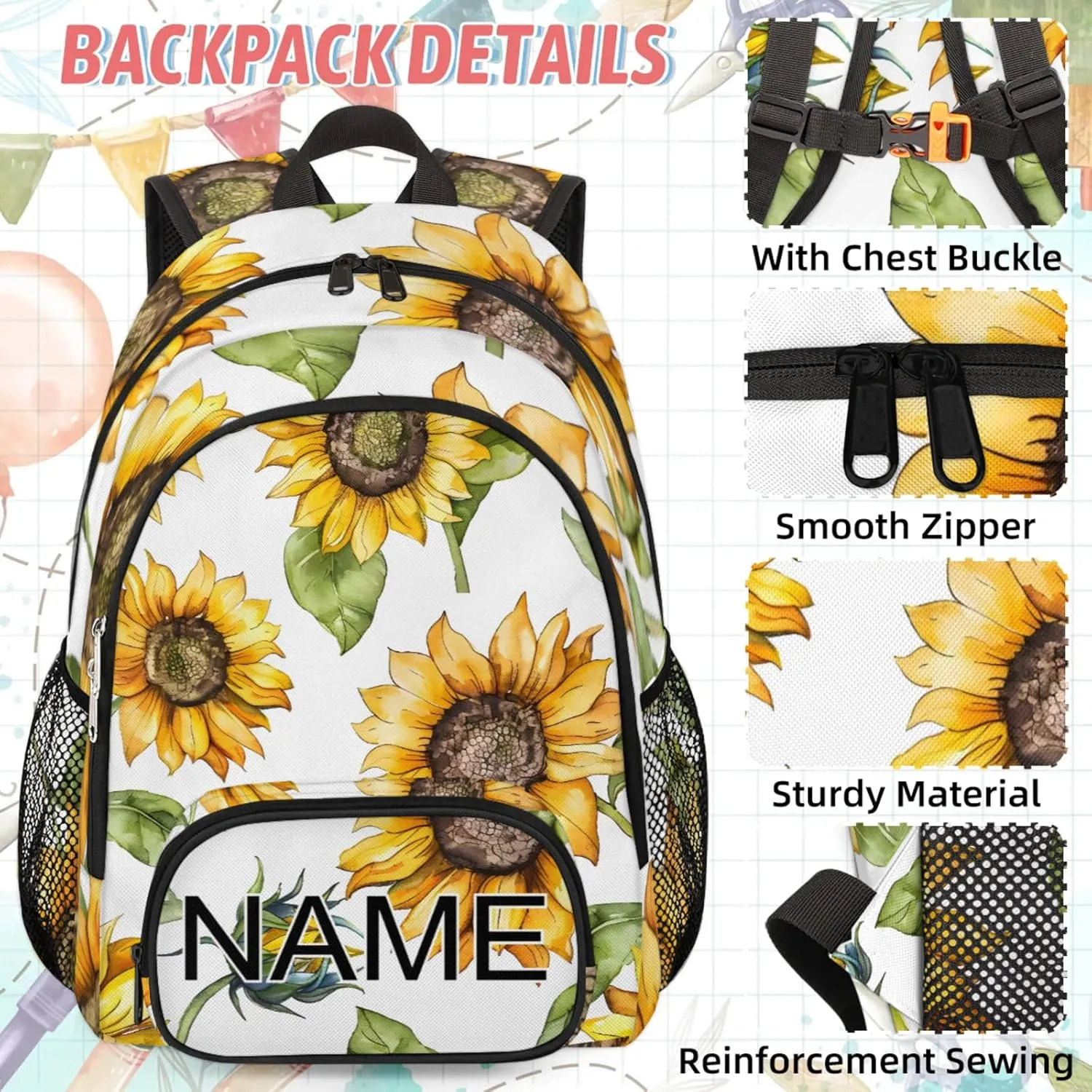 Custom Farmhouse Sunflower Backpack and Lunch Box Set Personalized Backpack with Name, Customized Summer Floral Lightweight Waterproof Travel Casual Daypacks