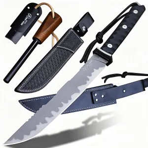 DC53 Full Tang 17.2in Survival Knife with Fire Starter, 5mm Thick Blade, Jungle Fixed Blade with Nylon Handle & Leather Sheath for Hunting, Camping, Bushcraft (Black (17.2in))