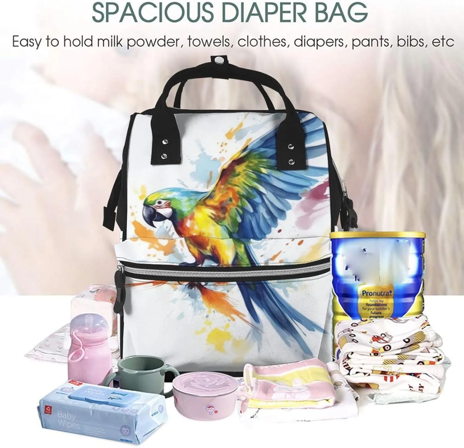 Diaper Bag Nappy Backpack Baby Bag Black and white tiger Mummy Backpack Multifunction Changing Bags for Travel, Flying Parrot, One Size