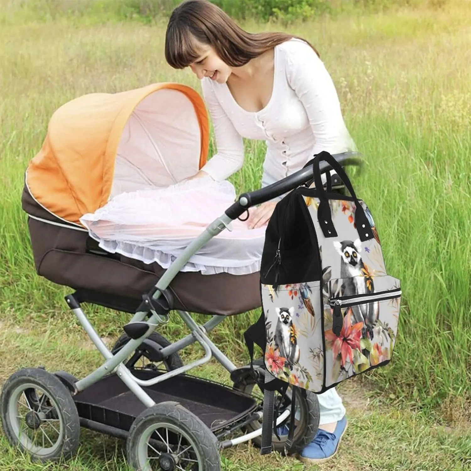 Diaper Bag Nappy Backpack Baby Bag Running german shepherd dog Mummy Backpack Multifunction Changing Bags for Travel, Animals Lemur Flowers Pattern, One Size