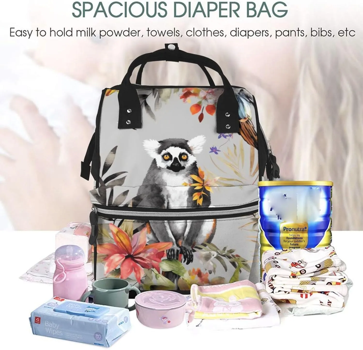 Diaper Bag Nappy Backpack Baby Bag Running german shepherd dog Mummy Backpack Multifunction Changing Bags for Travel, Animals Lemur Flowers Pattern, One Size