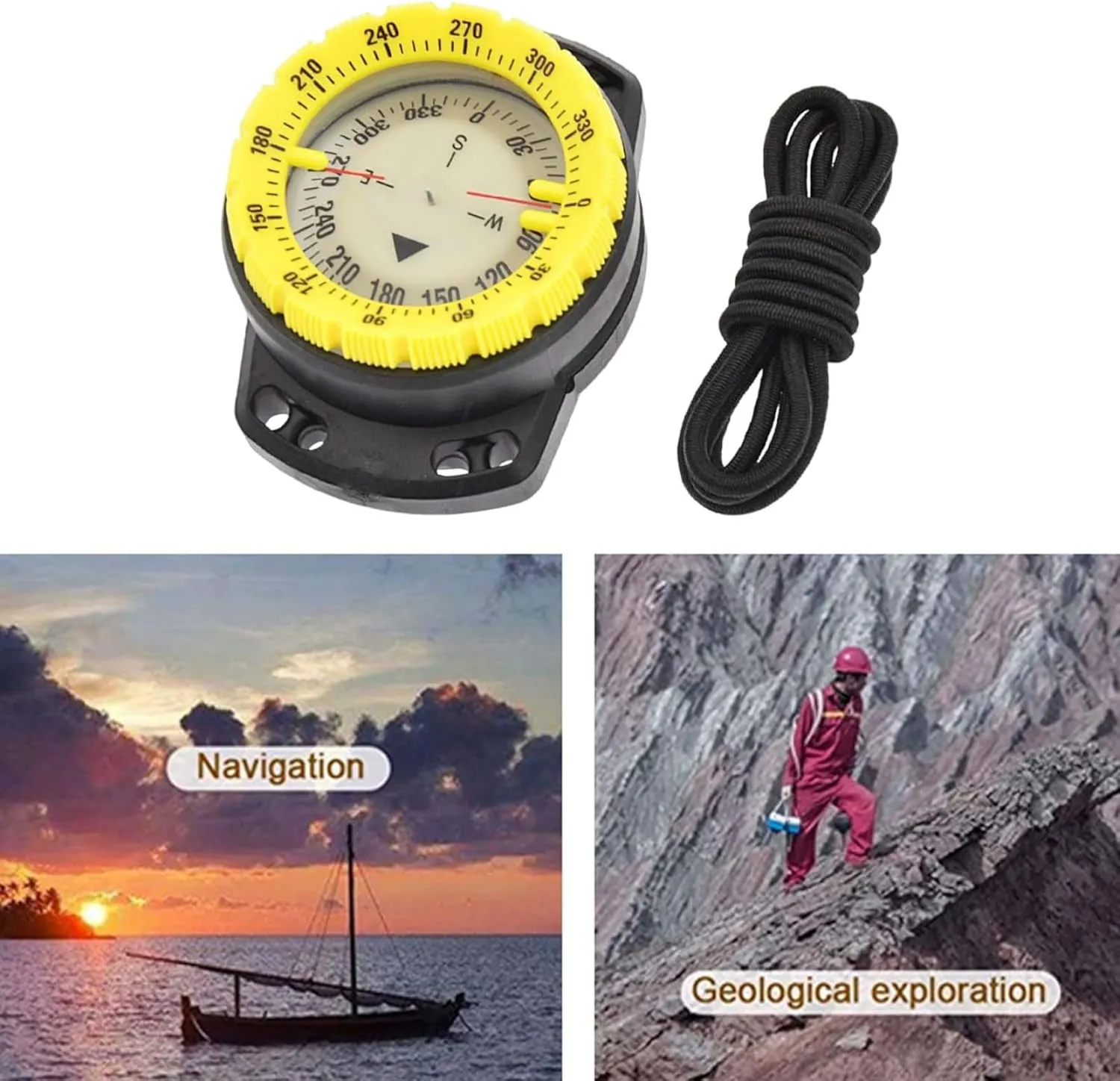 Dive Compass Surfing Luminous Underwater 50m Wrist Compass Night Vision Waterproof Navigation Compass with Bungee Wrist Compass Watch Band Compass Diving Compass Compass