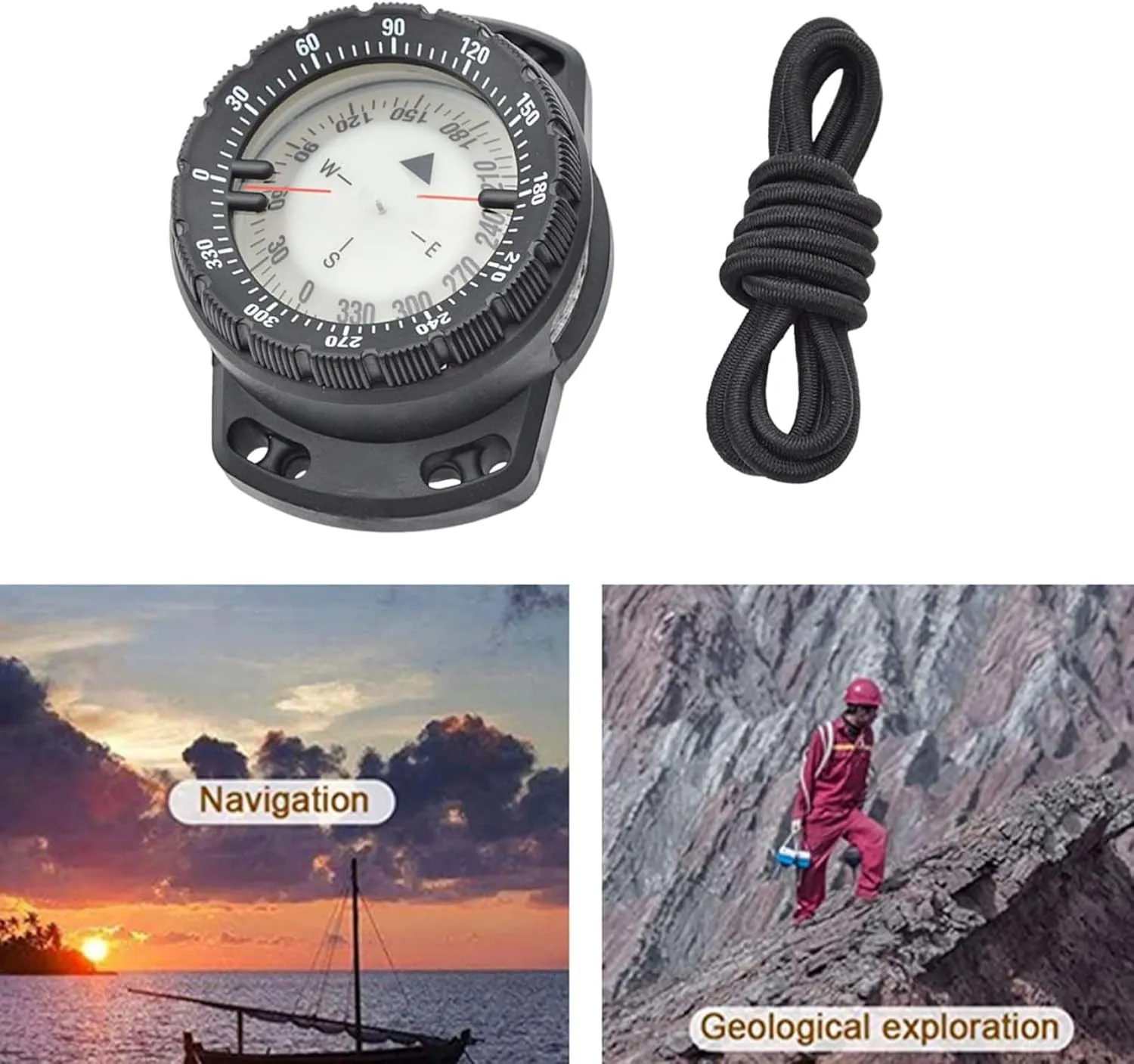 Dive Compass Surfing Luminous Underwater 50m Wrist Compass Night Vision Waterproof Navigation with Bungee, Boat Compasses Boat Compasses