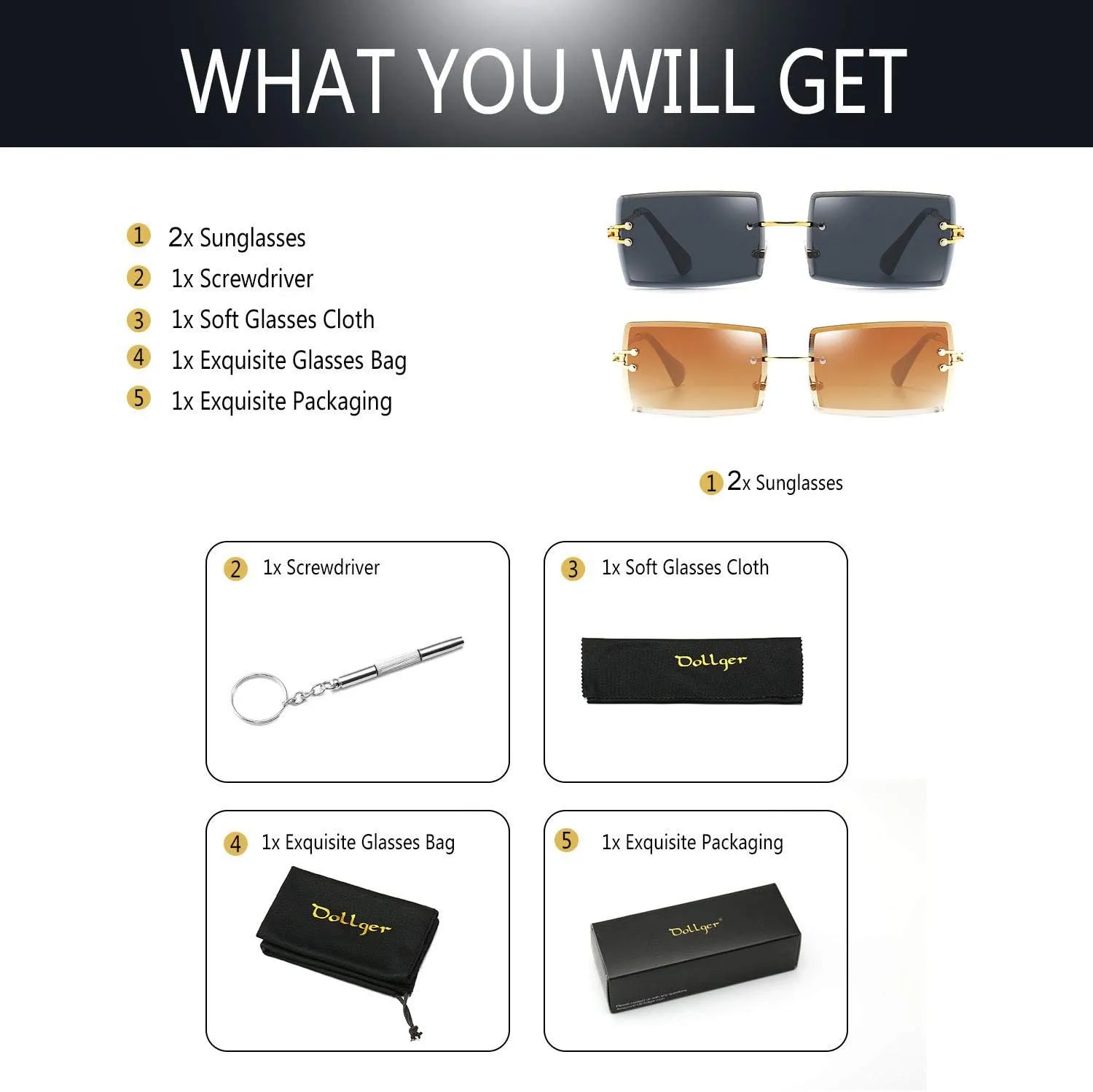 Dollger Rimless Rectangle Sunglasses for Women Fashion Frameless Square Glasses for Men Ultralight UV400 Eyewear Unisex