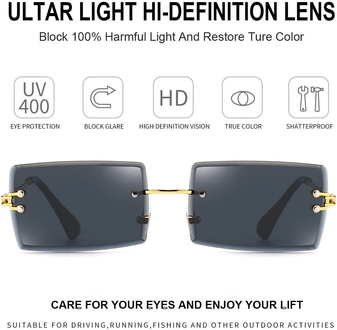Dollger Rimless Rectangle Sunglasses for Women Fashion Frameless Square Glasses for Men Ultralight UV400 Eyewear Unisex